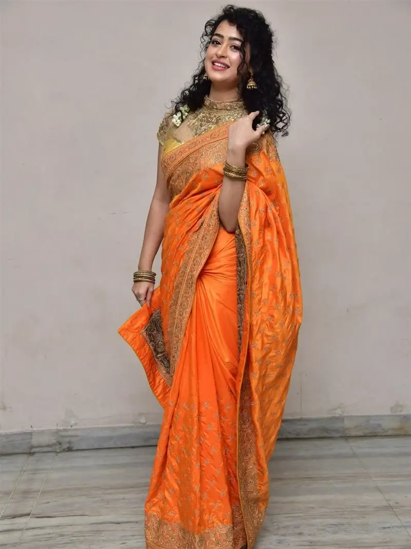 Actress Apsara Rani in Orange Saree at Talakona Movie Launch